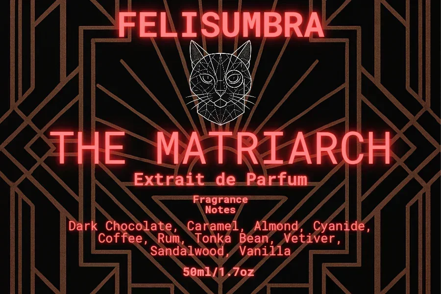 Felis Umbra The Matriarch perfume label with geometric art deco lines, cat graphic, and fragrance notes.