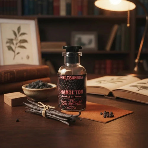 Felis Umbra Hamilton artisan fragrance bottle on desk with vanilla pods, spices, and books