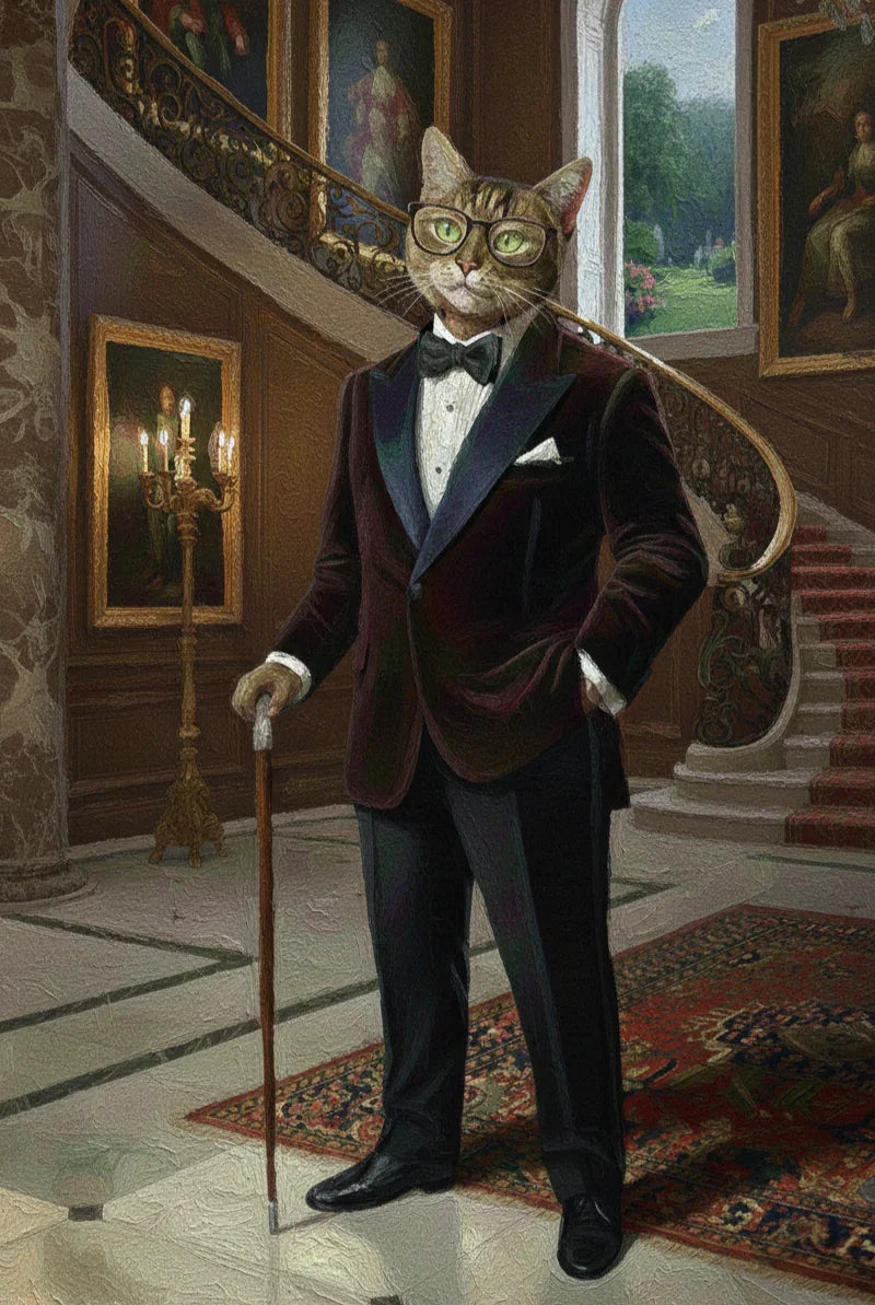 Artisan cat in tuxedo with glasses and cane in elegant mansion, Felis Umbra branding