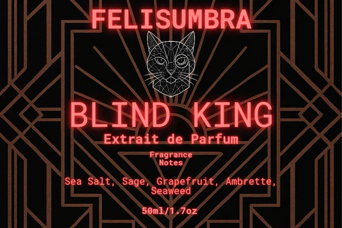Felis Umbra Blind King perfume label with cat graphic, fragrance notes, and art deco design.