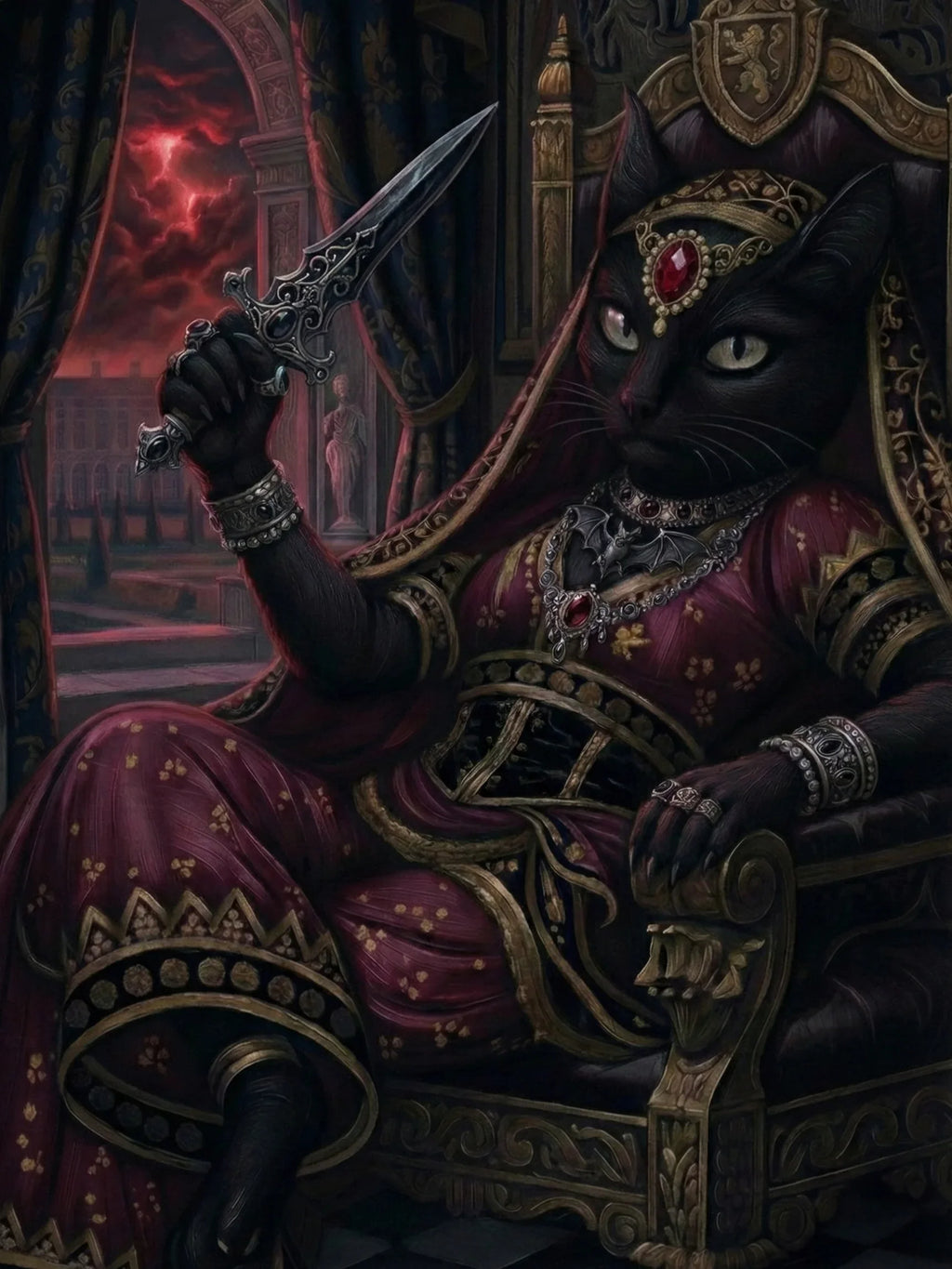 Regal black cat in jeweled robes and crown on throne holding ornate dagger, gothic setting