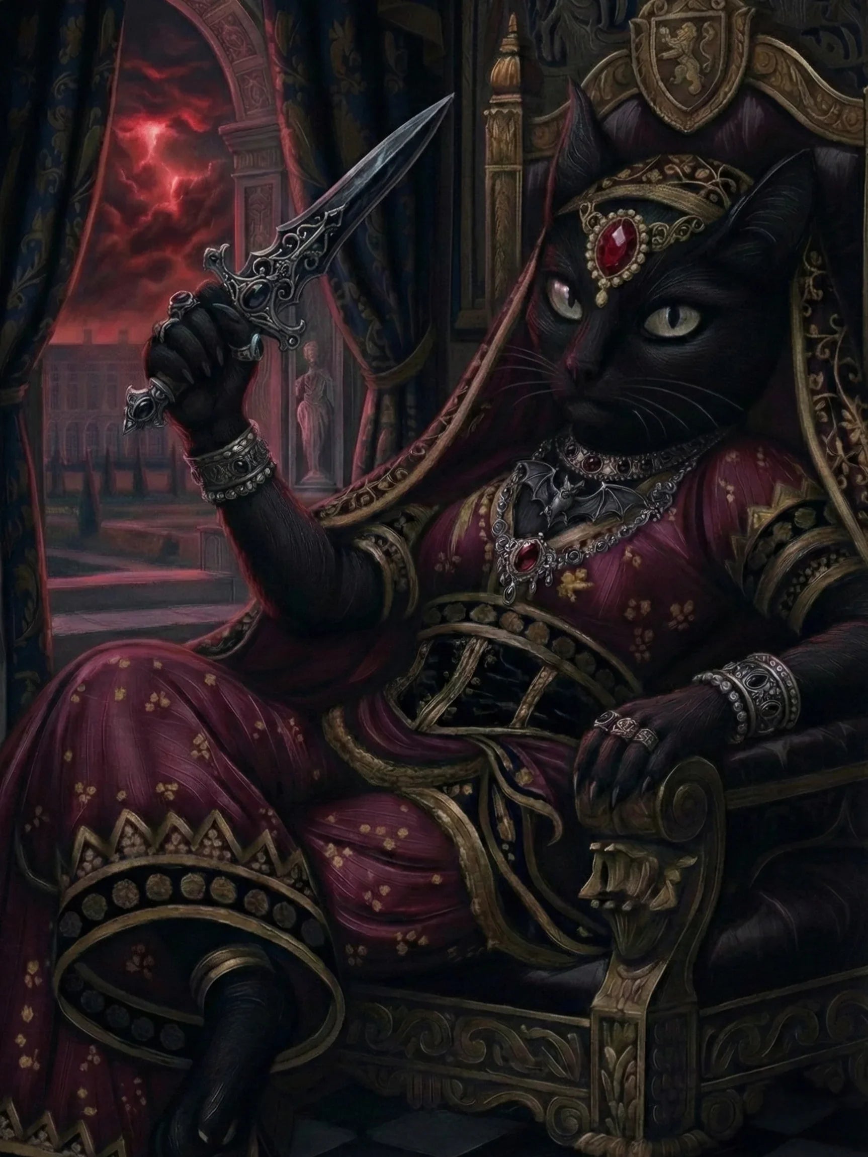 Regal black cat in jeweled robes and crown on throne holding ornate dagger, gothic setting
