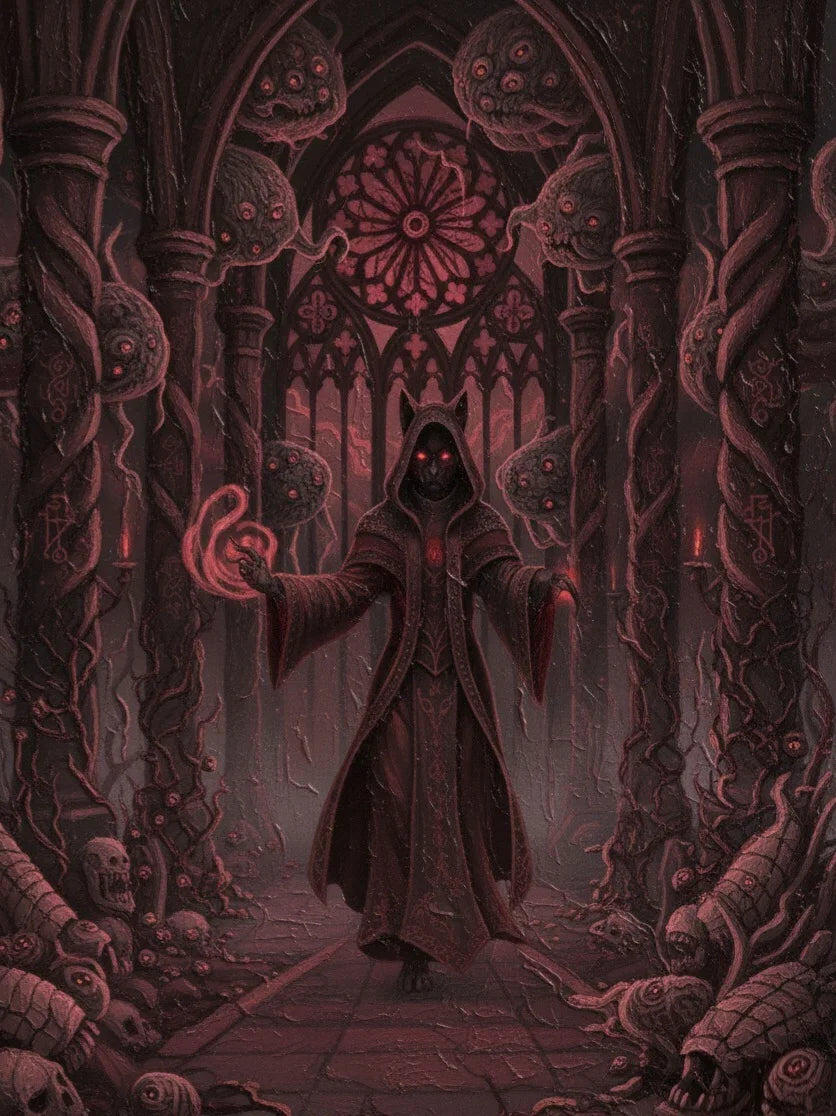 Dark robed figure with glowing red eyes stands in gothic cathedral, surrounded by eerie floating orbs.