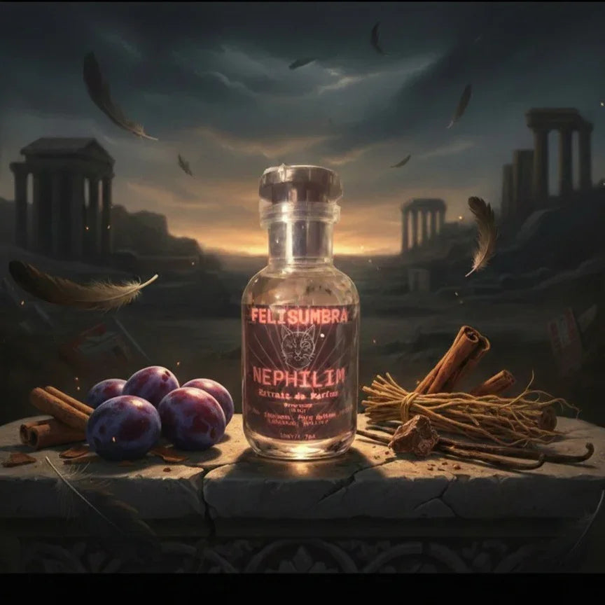Felis Umbra Nephilim artisan fragrance bottle with plums, cinnamon, and ruins backdrop