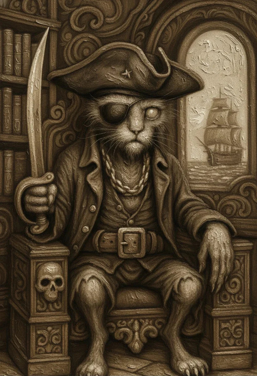 Sepia-toned illustration of a pirate cat with eyepatch, sitting on ornate chair, ship in background