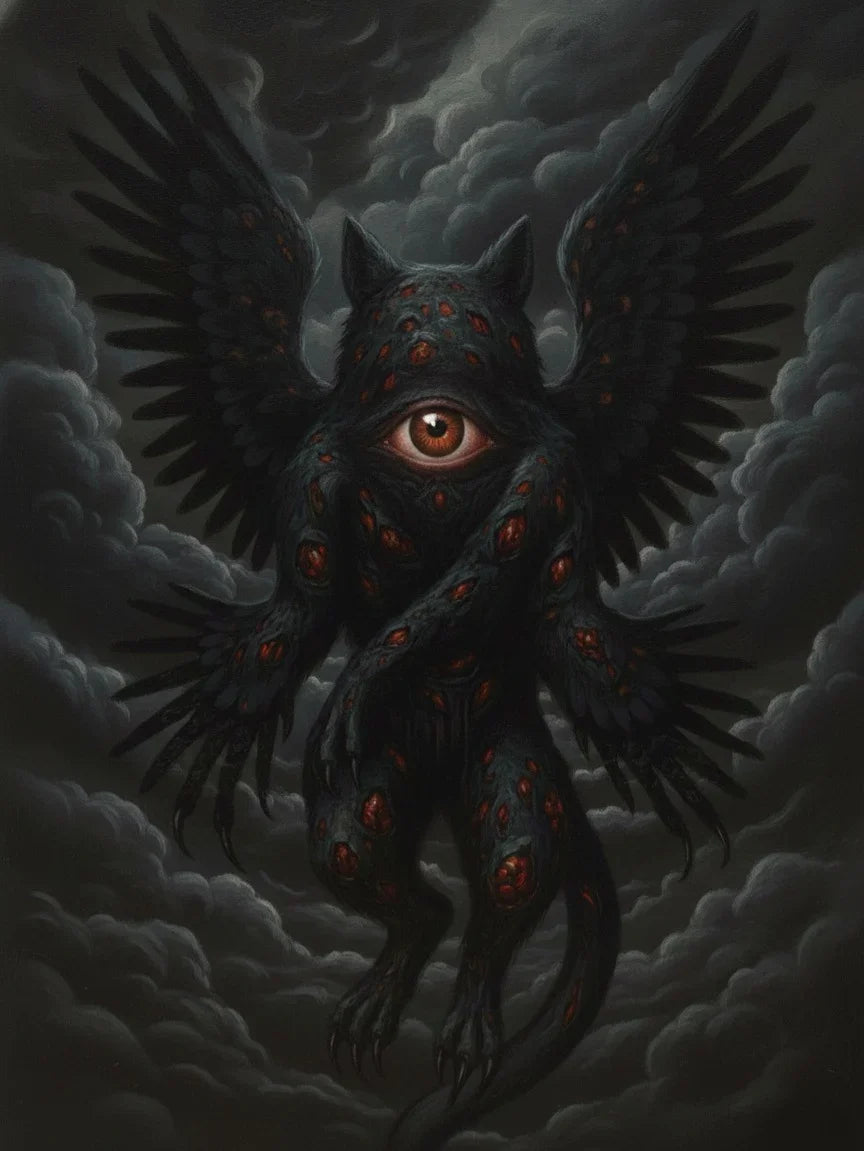 Surreal dark winged creature with a central eye and red spots, flying among stormy clouds.