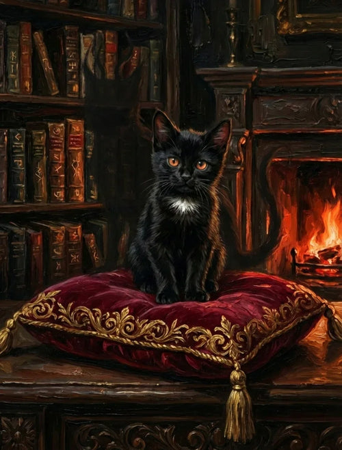 Black cat on ornate red cushion by fireplace and bookshelf, artisan Felis Umbra aesthetic