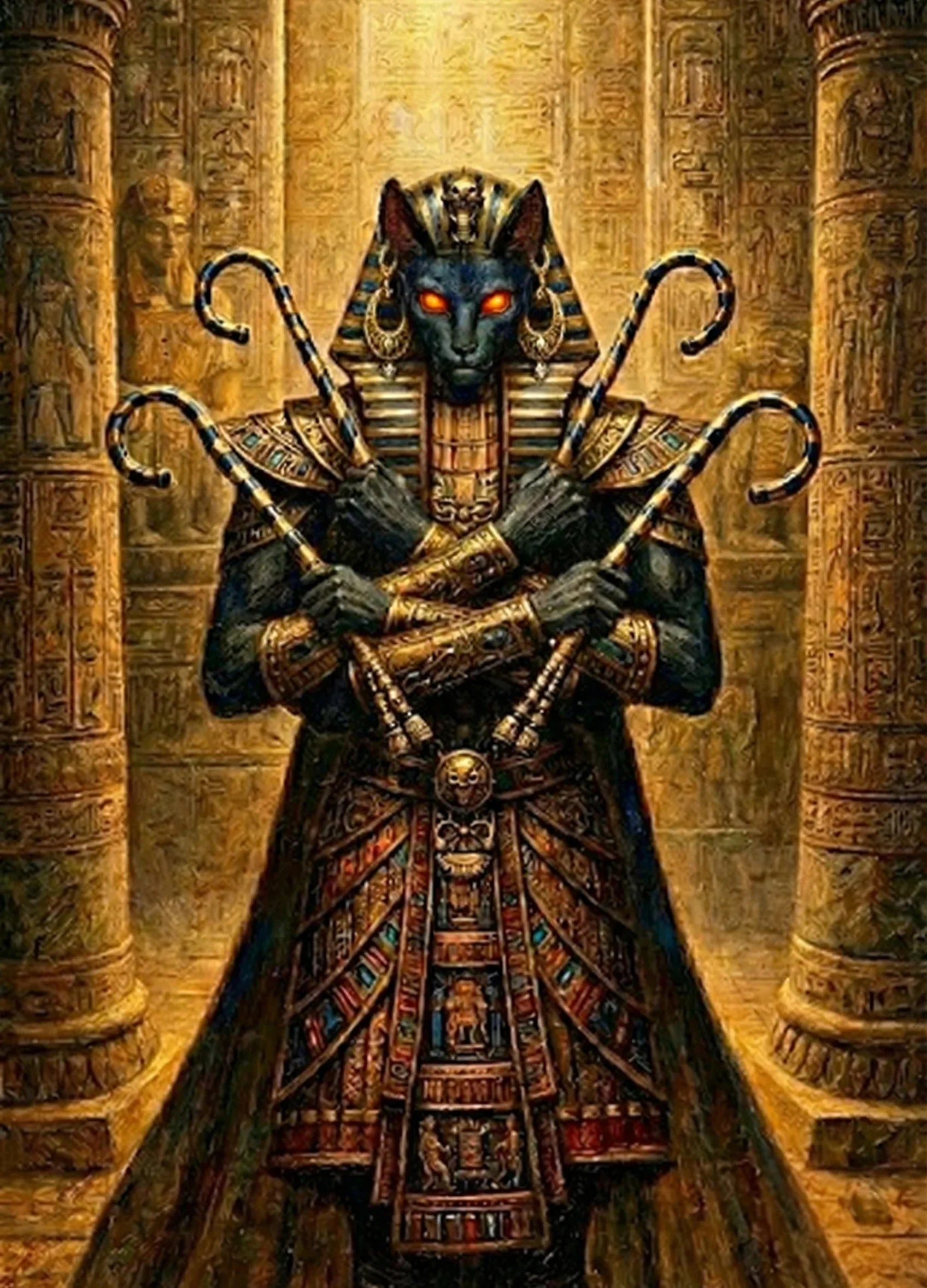 Egyptian cat pharaoh with glowing eyes, ornate gold armor, in ancient temple, Felis Umbra theme