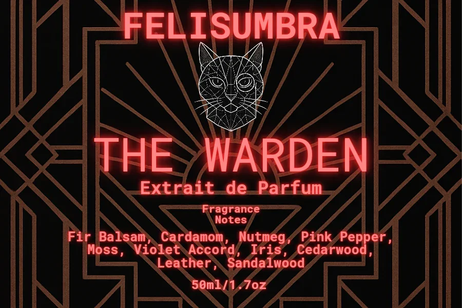 Felis Umbra The Warden unisex artisan fragrance label with cat illustration and scent notes