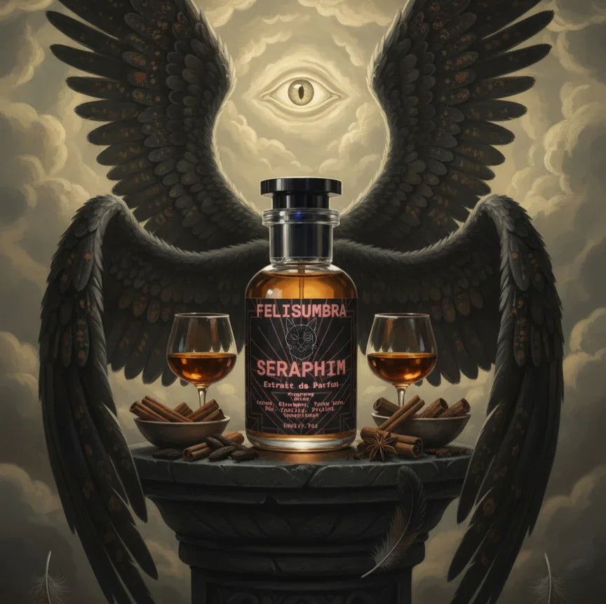 Felis Umbra Seraphim artisan fragrance bottle with glasses, spices, and dark wings backdrop