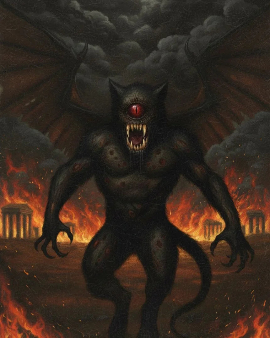 Winged cyclopean beast with sharp fangs, standing amid flames and dark clouds, Felis Umbra